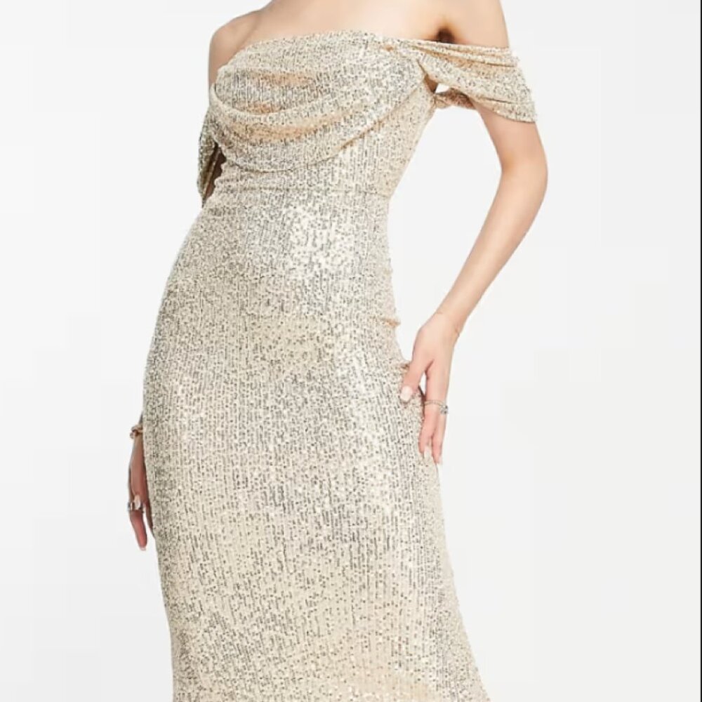 PARALLEL LINES NWT ASOS Champagne Gold Sequin Off Shoulder Maxi Gown